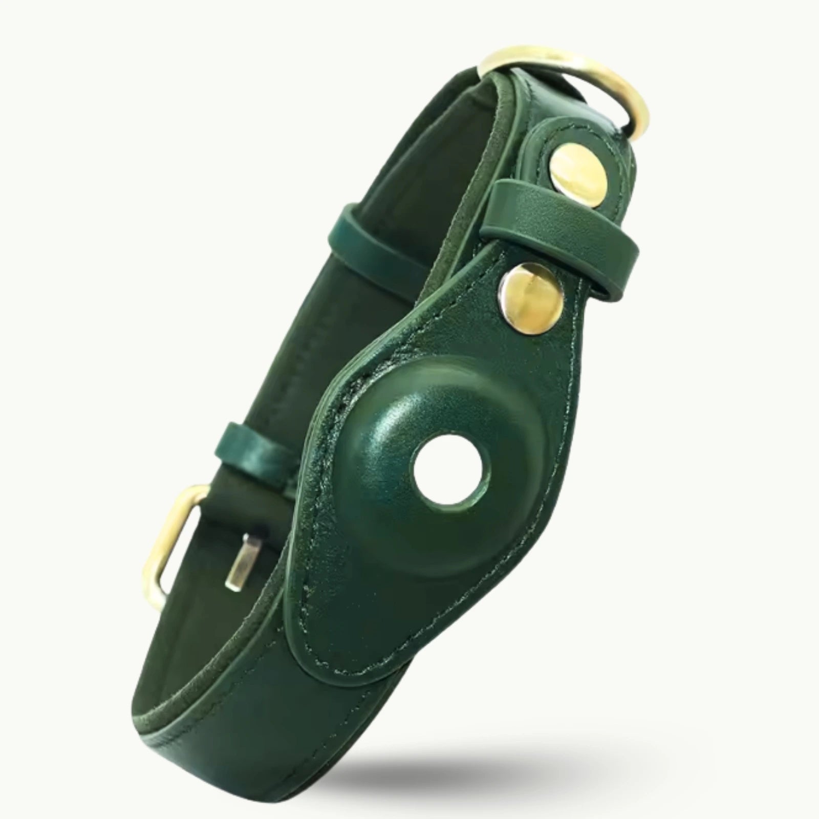 Dark green leather dog collar with gold buckle and GPS slot
