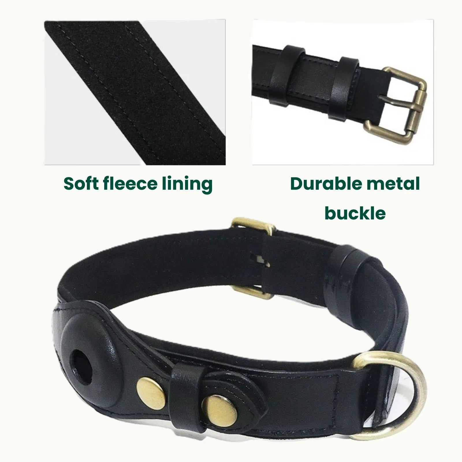 Black leather dog collar with reinforced stitching and durable buckle