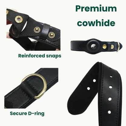 Black leather dog collar close-up showing reinforced snaps, premium cowhide, and secure D-ring