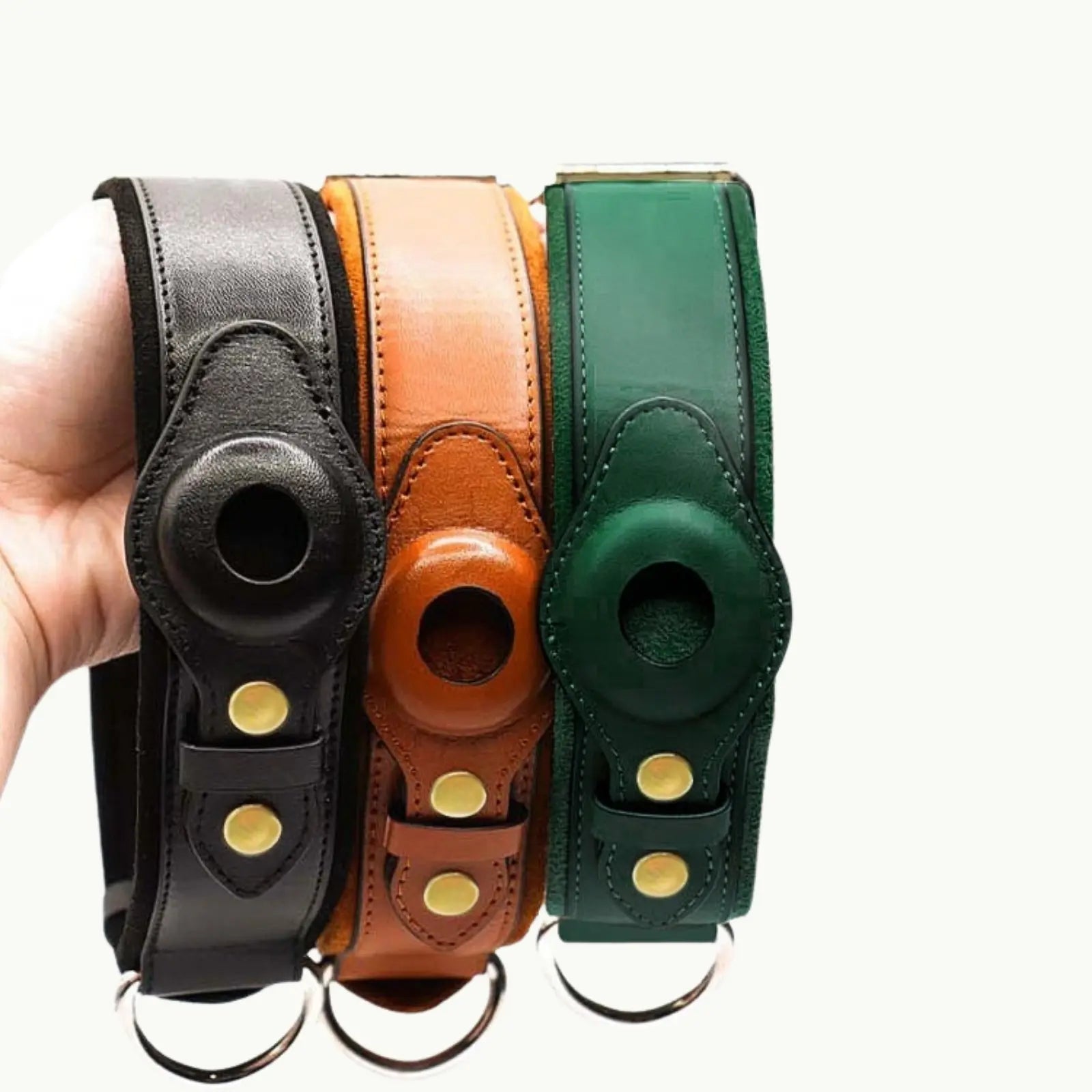 Set of leather dog collars in green, brown, and black colors