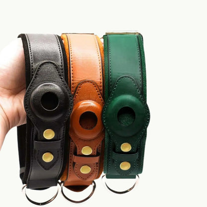 Set of leather dog collars in green, brown, and black colors