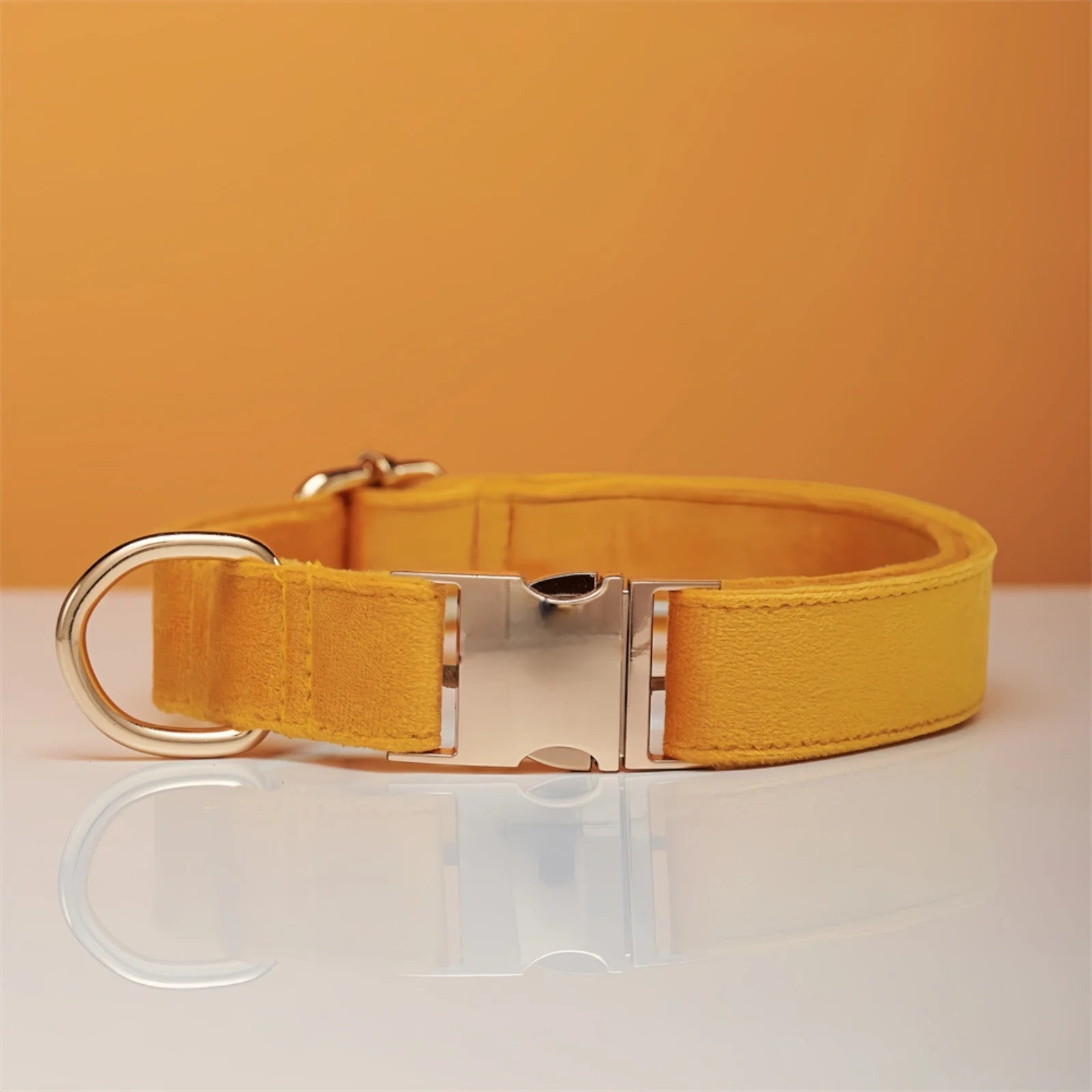 Stylish pastel yellow color dog collar displayed on table