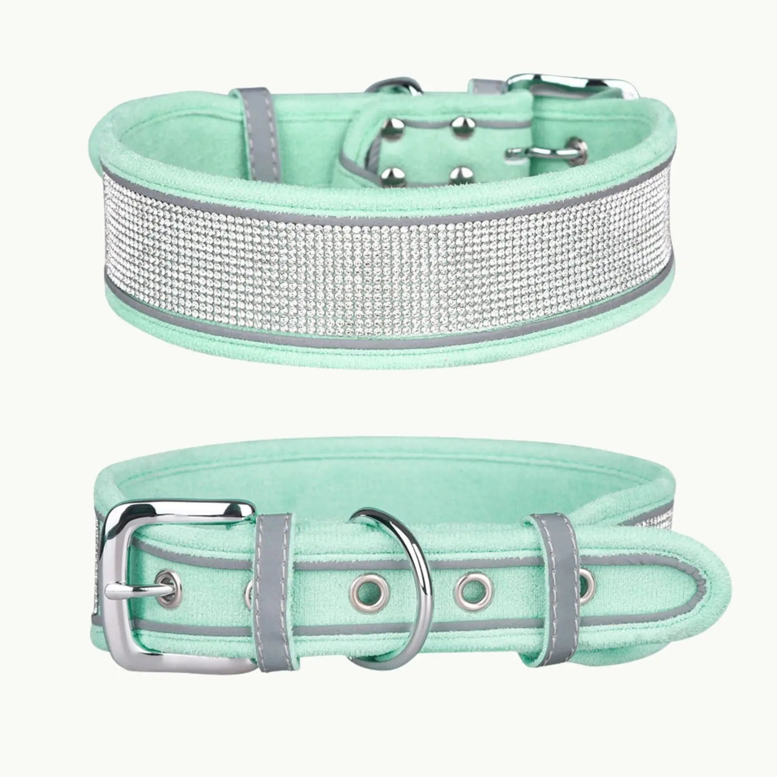 Mint green rhinestone collar with reflective design for night visibility