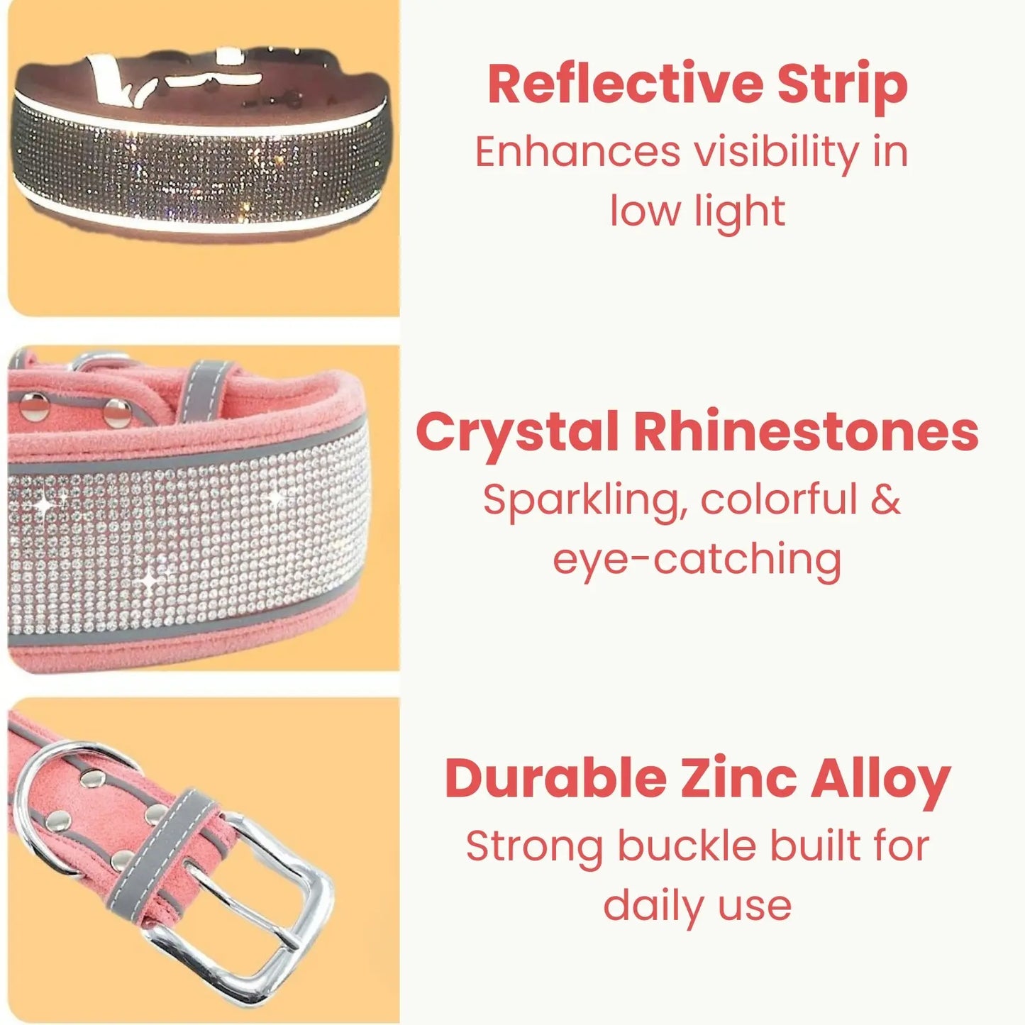 Product feature chart showing reflective strip, rhinestones, and durable buckle