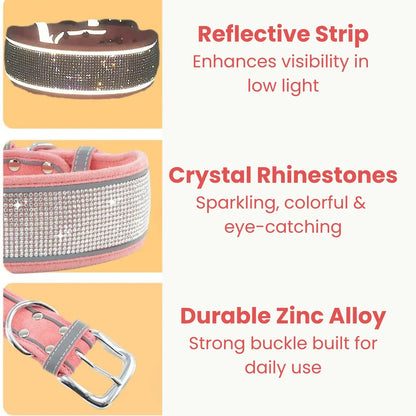 Product feature chart showing reflective strip, rhinestones, and durable buckle
