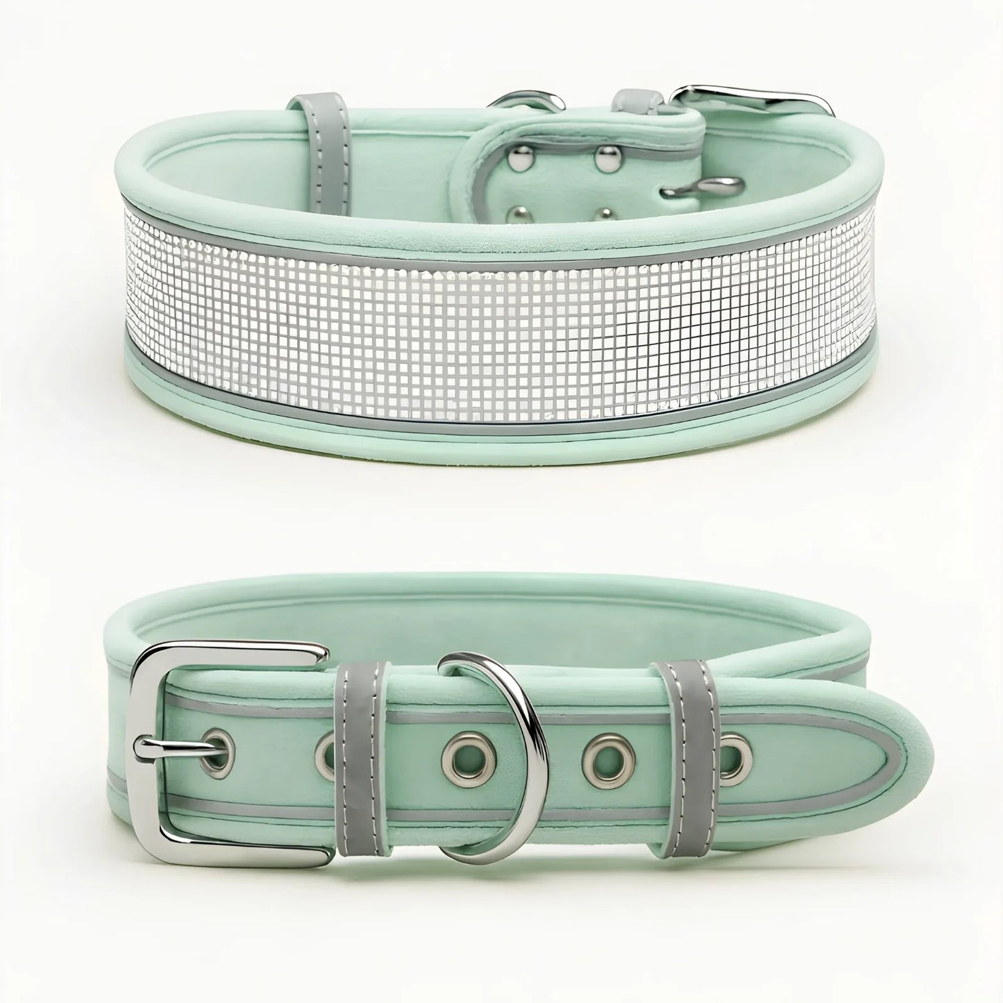 Mint green rhinestone dog collar with reflective strip and suede fabric