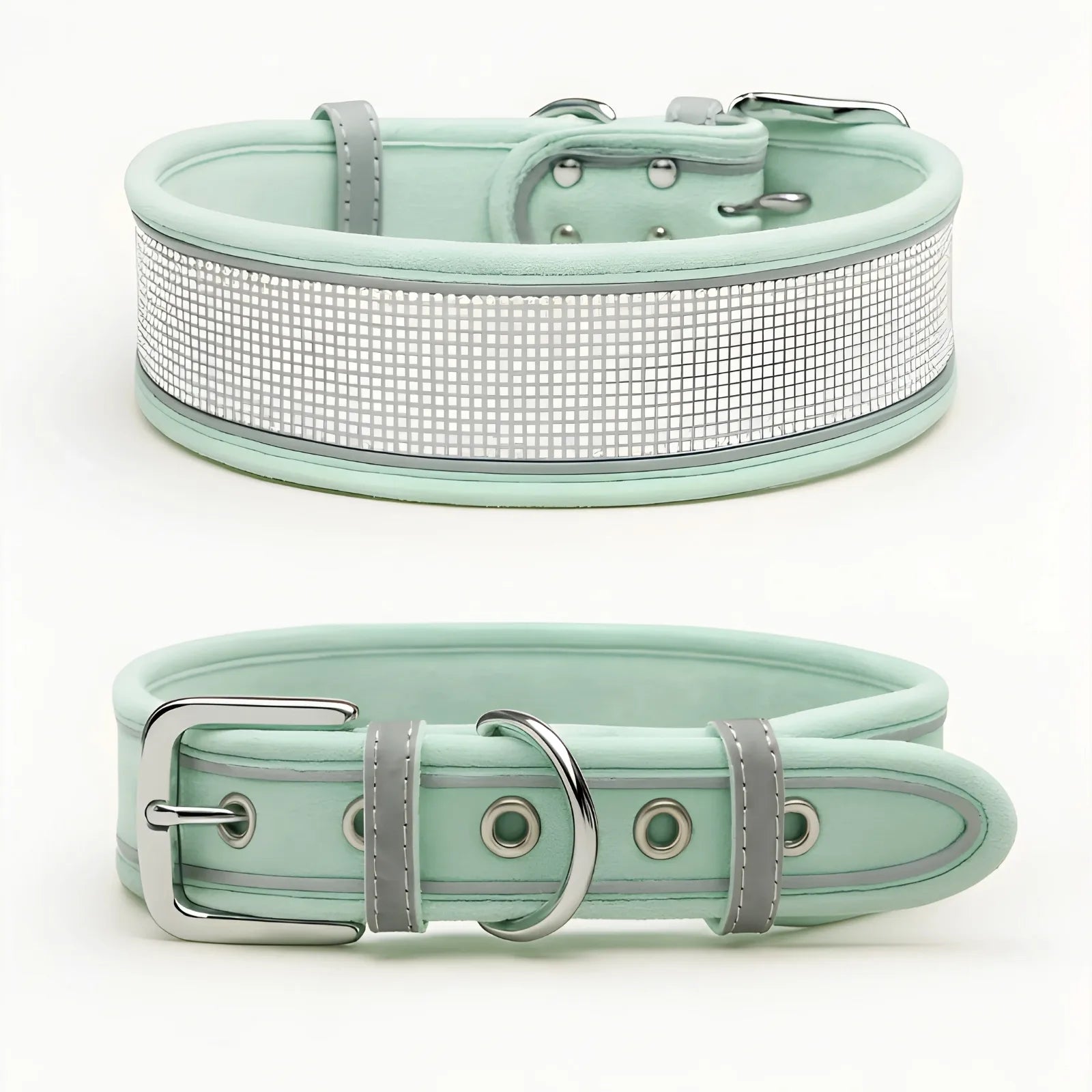Mint green rhinestone dog collar with reflective strip and suede fabric