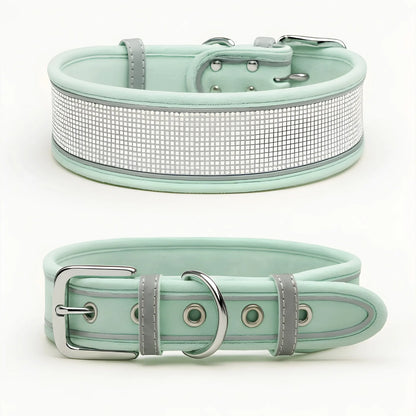 Mint green rhinestone dog collar with reflective strip and suede fabric