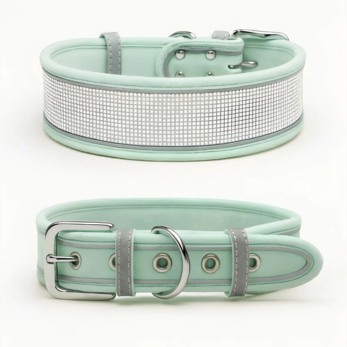 Mint green rhinestone dog collar with reflective strip and suede fabric