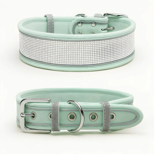 Mint green rhinestone dog collar with reflective strip and suede fabric