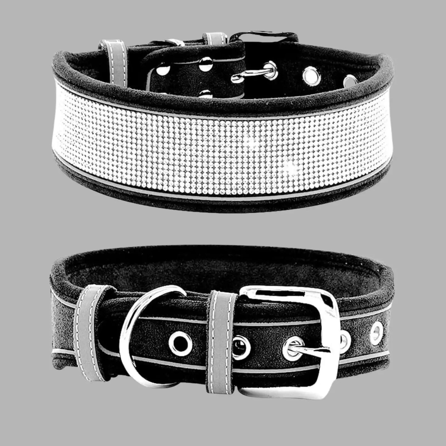 Midnight black rhinestone dog collar with reflective sparkle design