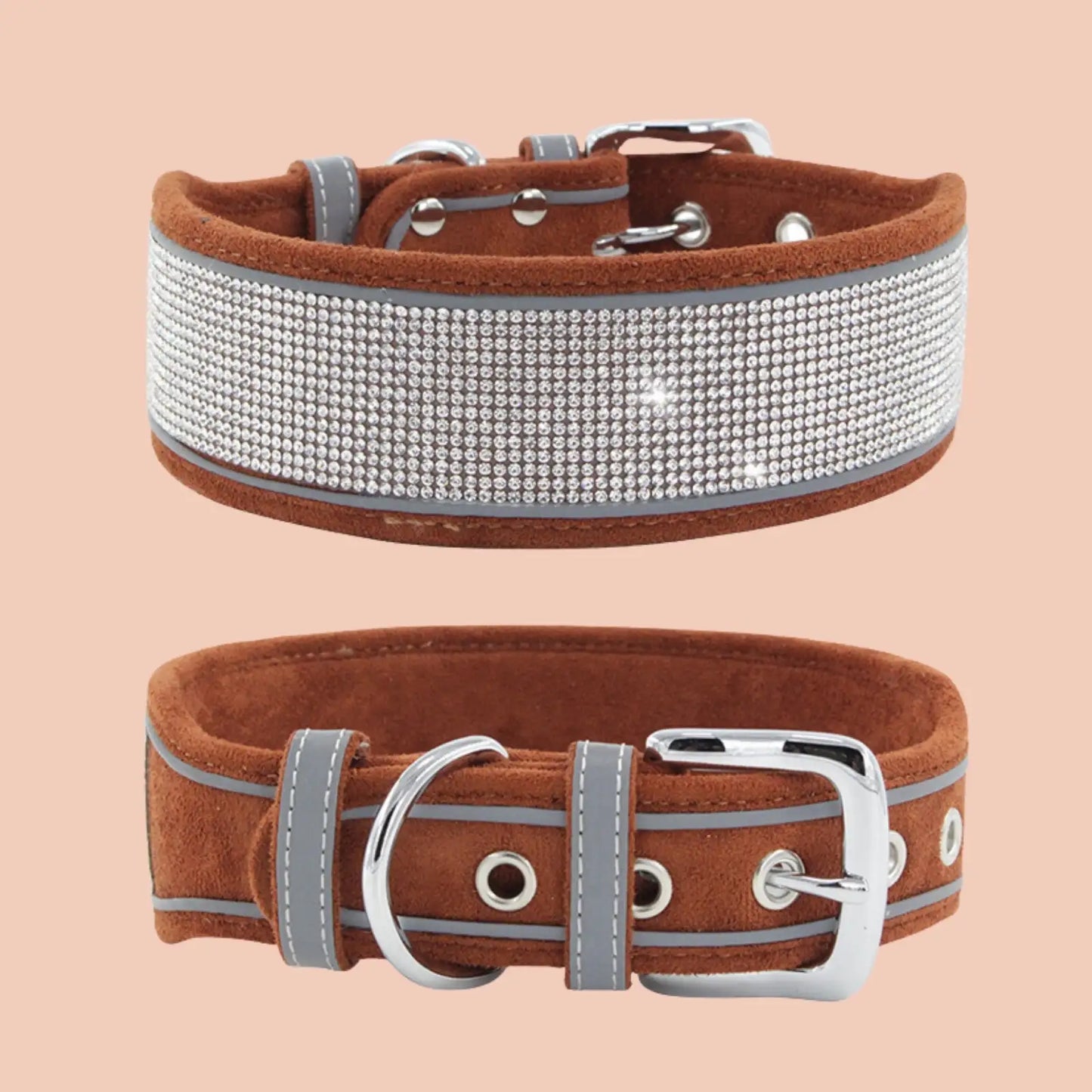 Cocoa brown rhinestone dog collar with reflective sparkle design
