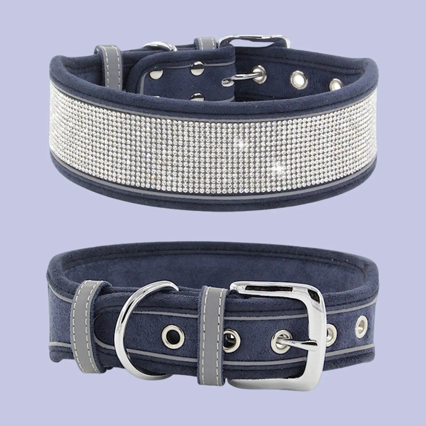 Deep blue rhinestone dog collar with reflective sparkle design