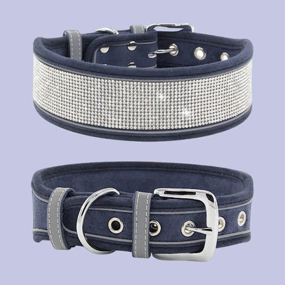 Deep blue rhinestone dog collar with reflective sparkle design