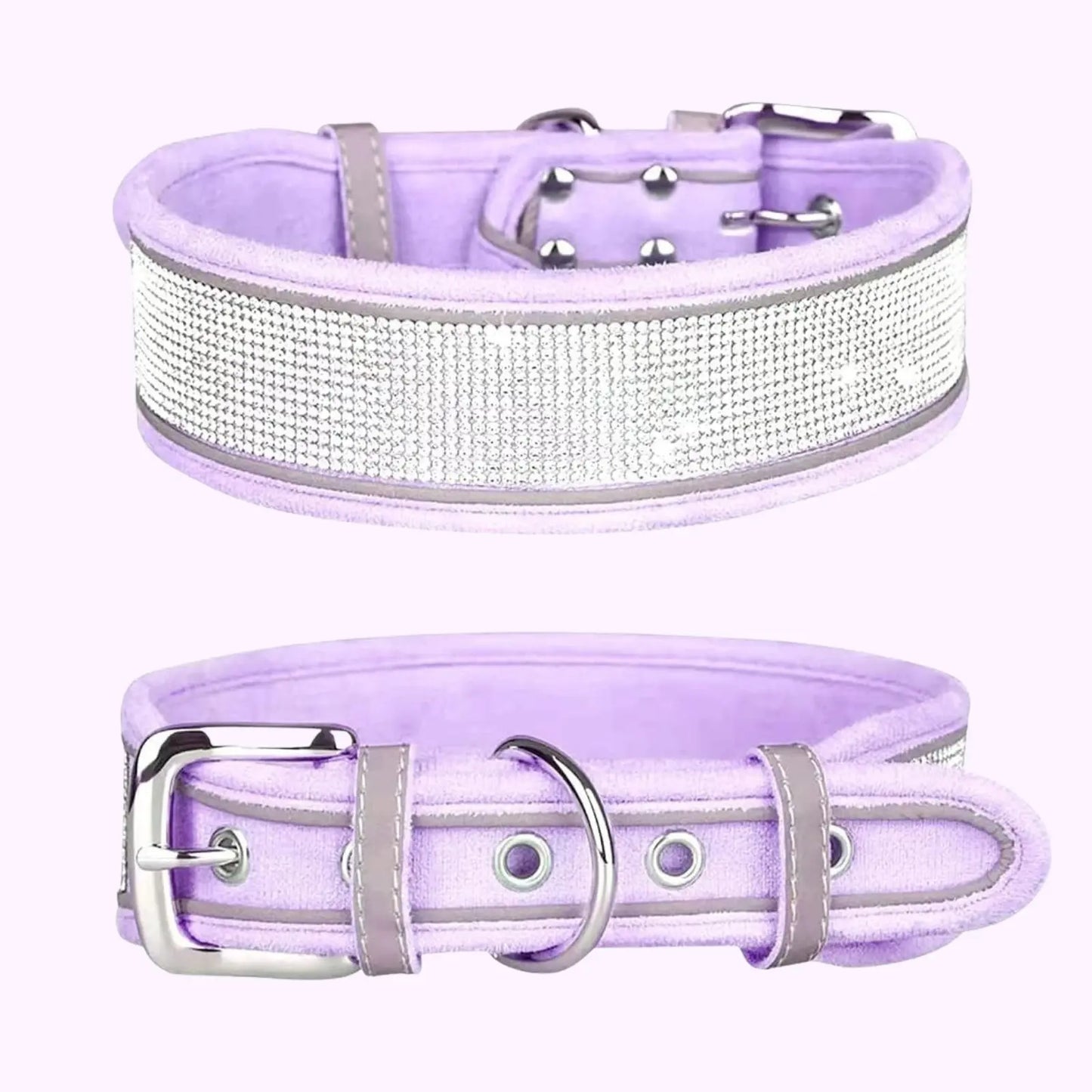 Violet purple rhinestone collar with reflective strips and suede finish