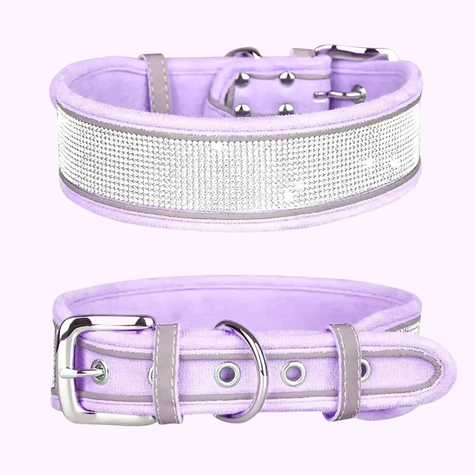 Violet purple rhinestone collar with reflective strips and suede finish