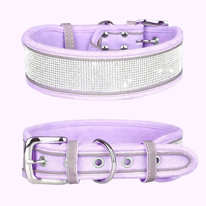 Violet purple rhinestone collar with reflective strips and suede finish