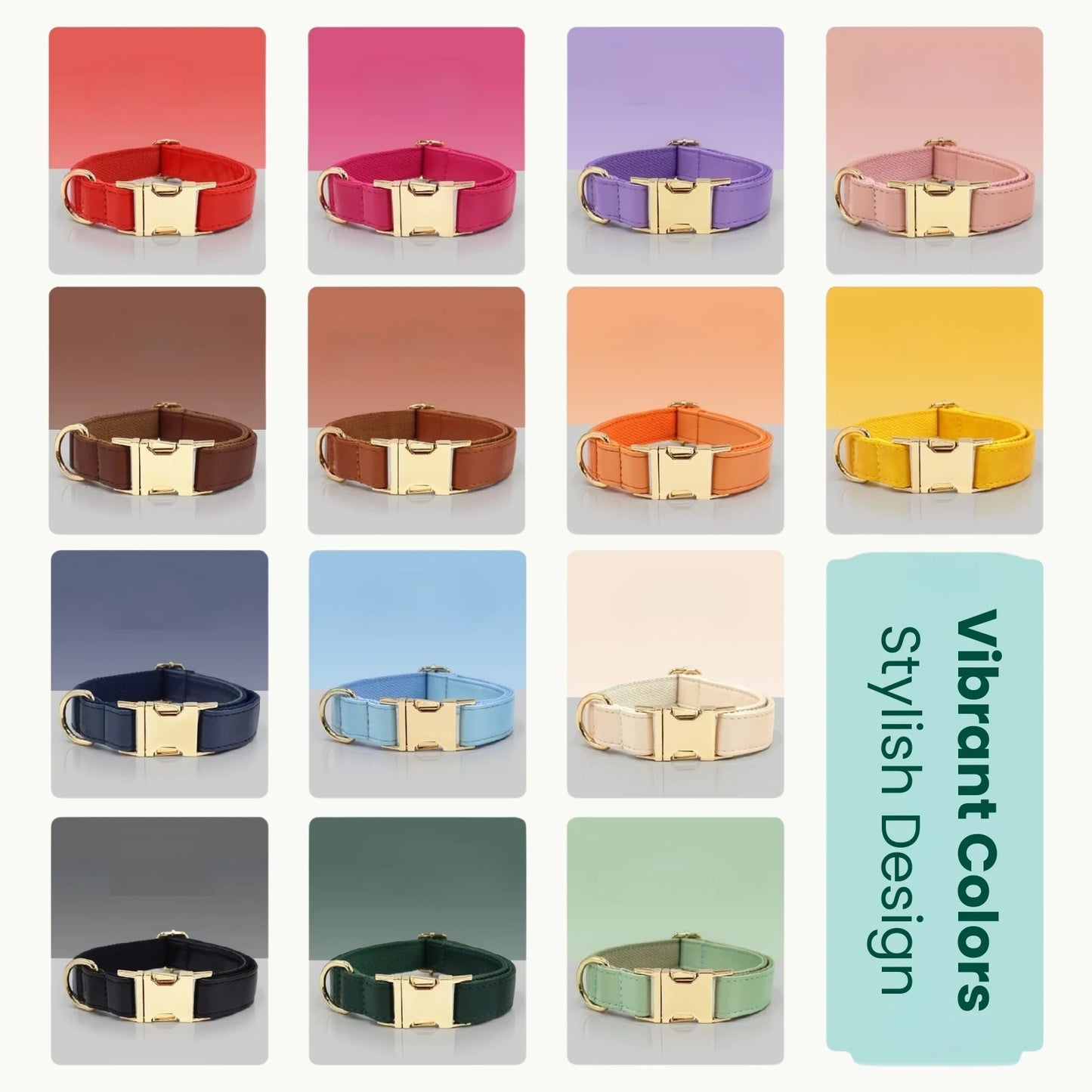 Color chart showing multiple vivid leather dog collar options