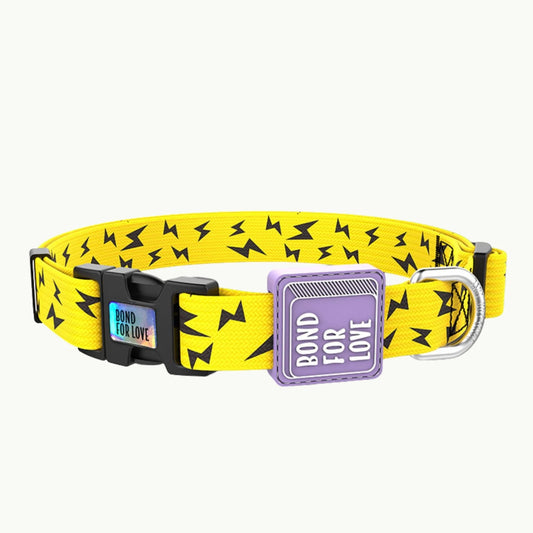 Bright yellow nylon dog collar with black print and purple tag