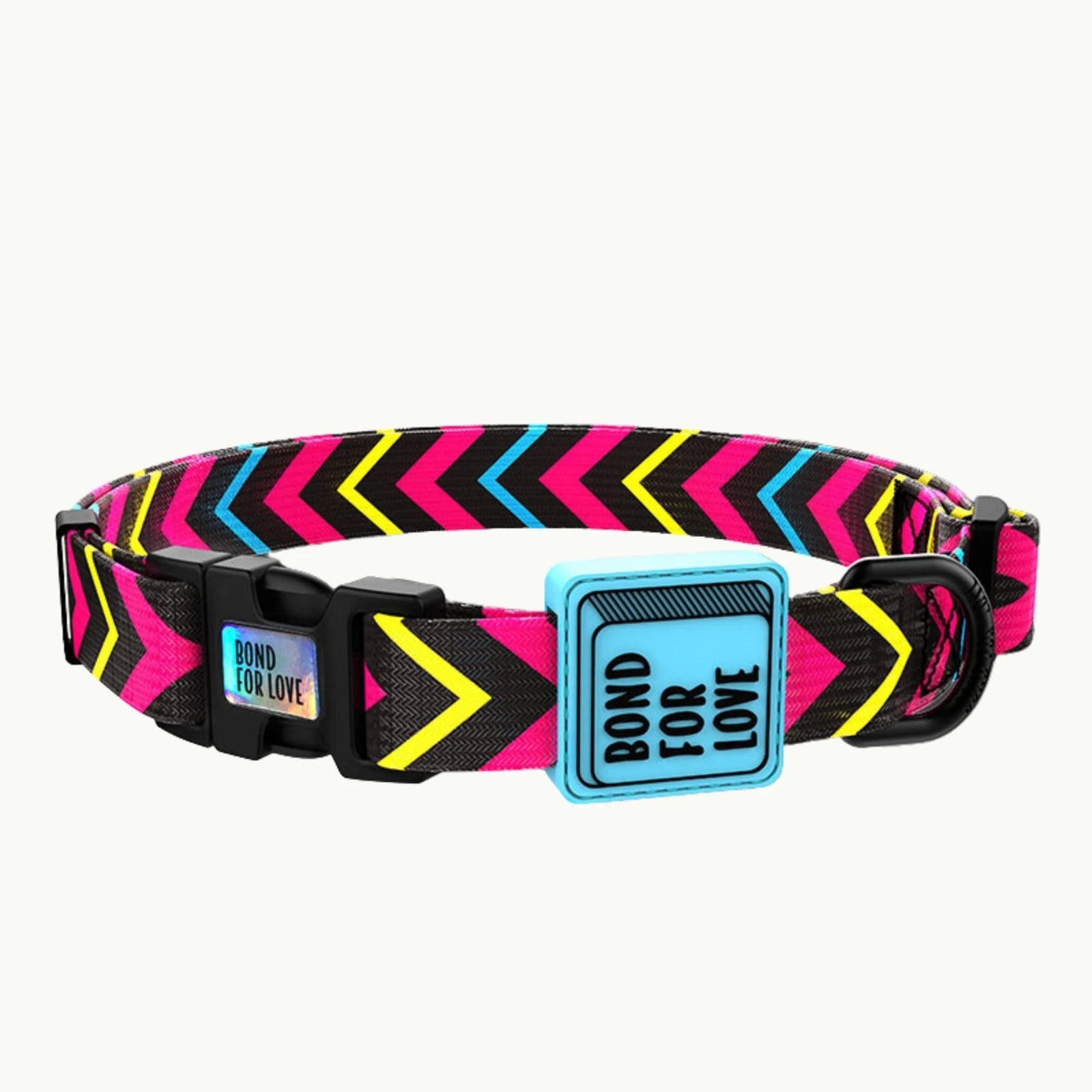 Black nylon dog collar with bold chevron pink and yellow print