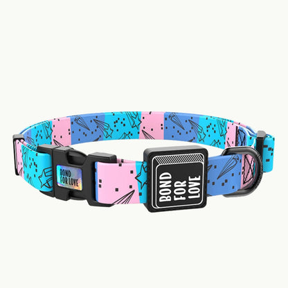 Blue nylon dog collar with abstract paint print design