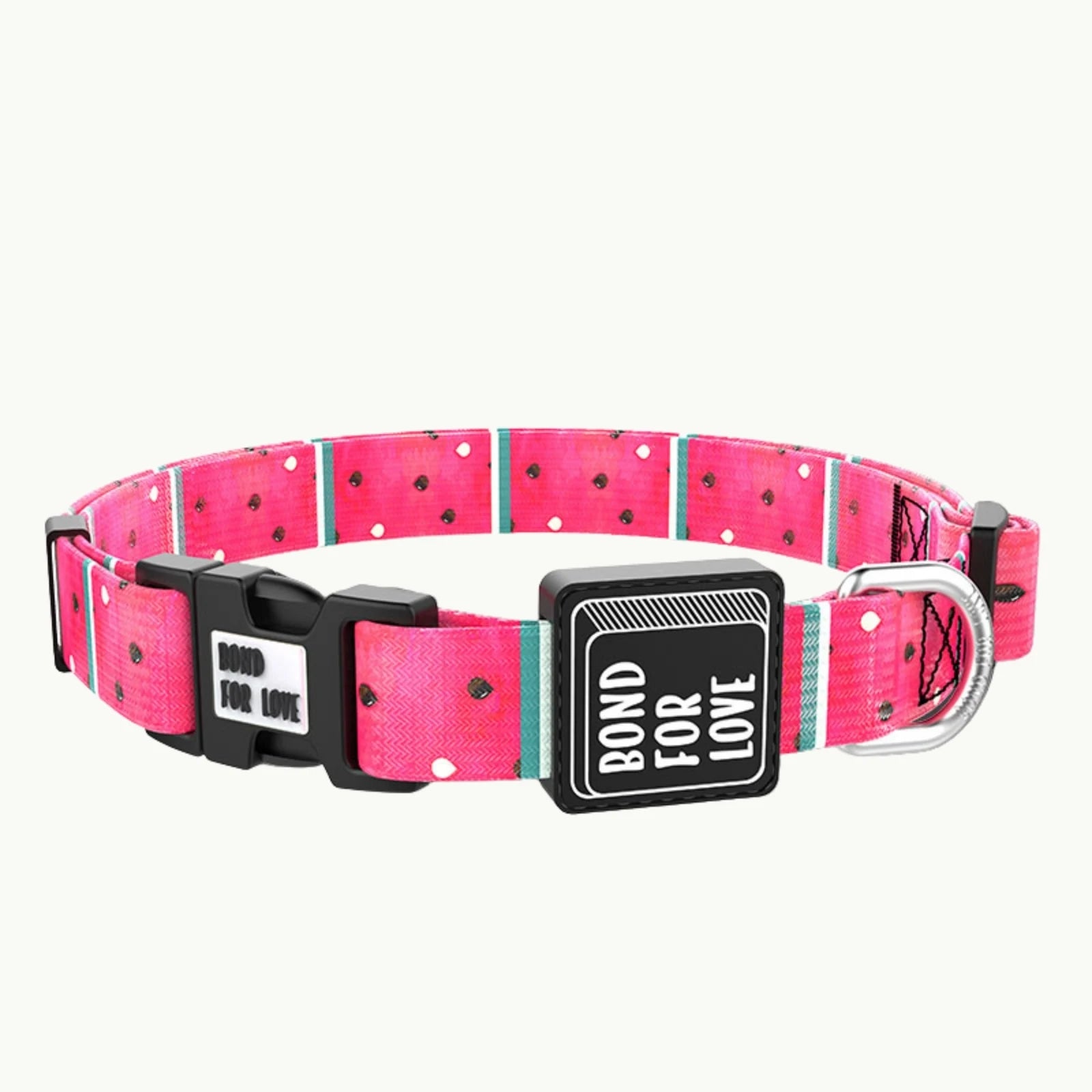 Pink nylon dog collar with square black buckle and printed design