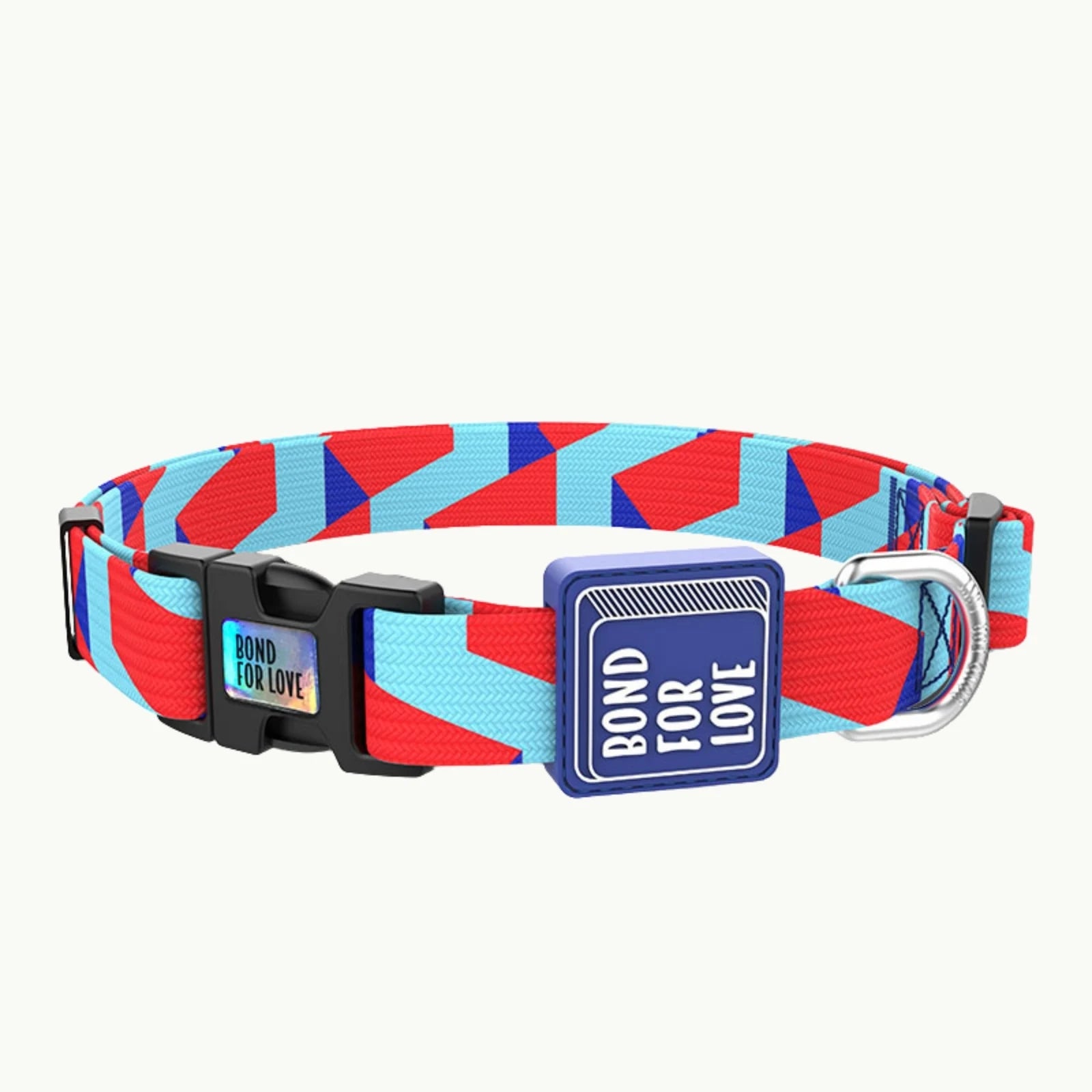 Red nylon dog collar with blue abstract geometric print