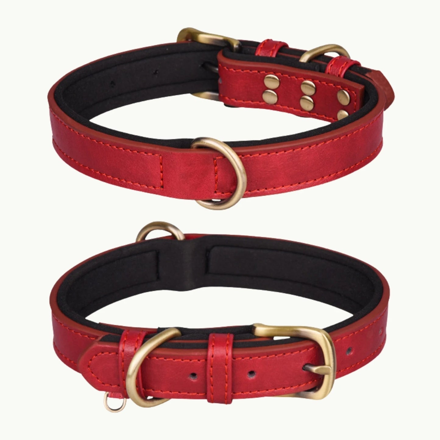 Red faux leather dog collar with black interior lining and bronze hardware, durable and adjustable design