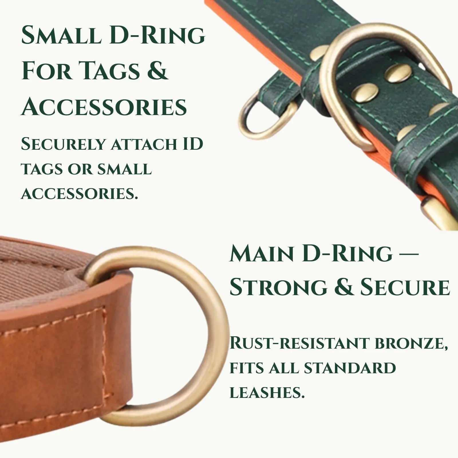 Faux leather dog collar with small D-ring for ID tags and main bronze D-ring for leashes