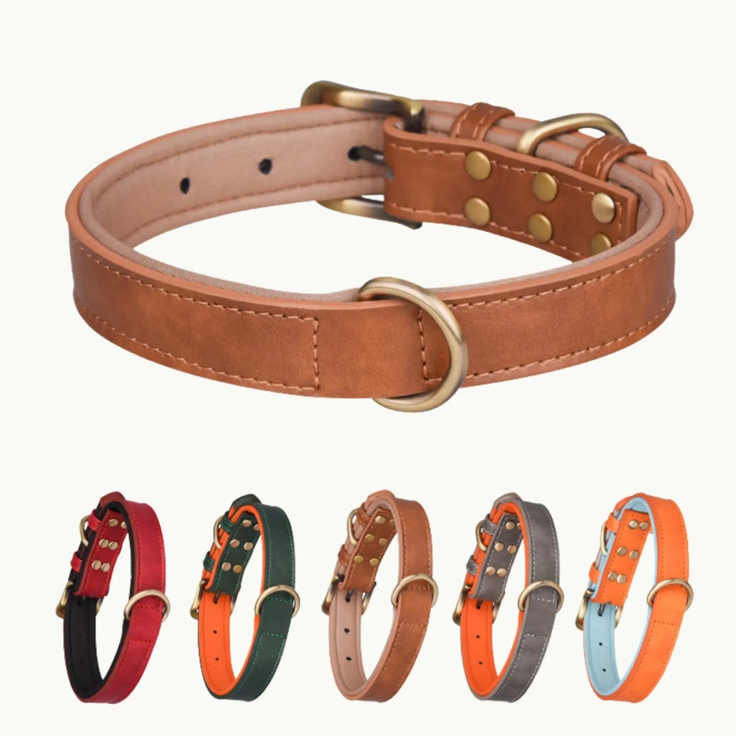 Classic faux leather dog collar in chestnut brown with bronze hardware, shown with additional color options red, green, grey, and orange