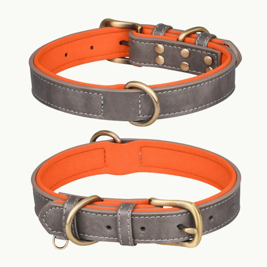Classic Faux Leather Dog Collar in Steel Grey with Orange Interior, durable design with bronze hardware