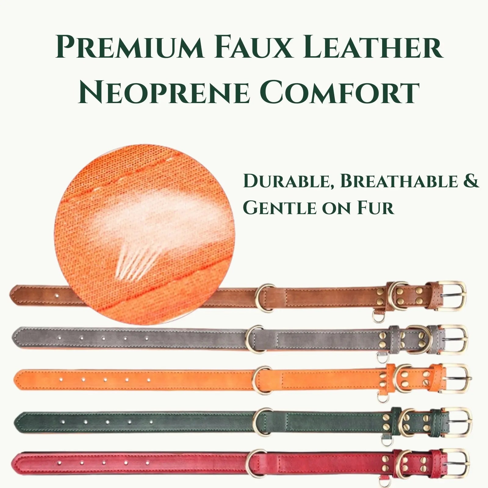 Premium faux leather dog collars with neoprene lining for breathable comfort, shown in brown, grey, orange, green, and red colors