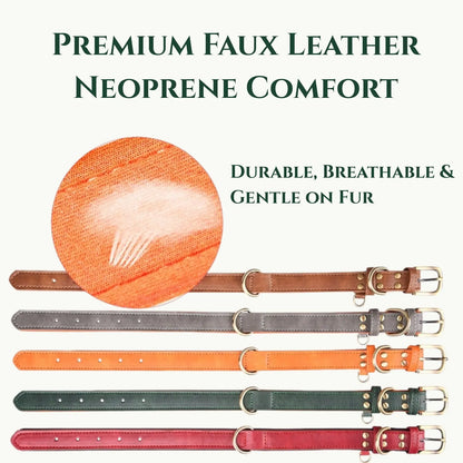 Premium faux leather dog collars with neoprene lining for breathable comfort, shown in brown, grey, orange, green, and red colors
