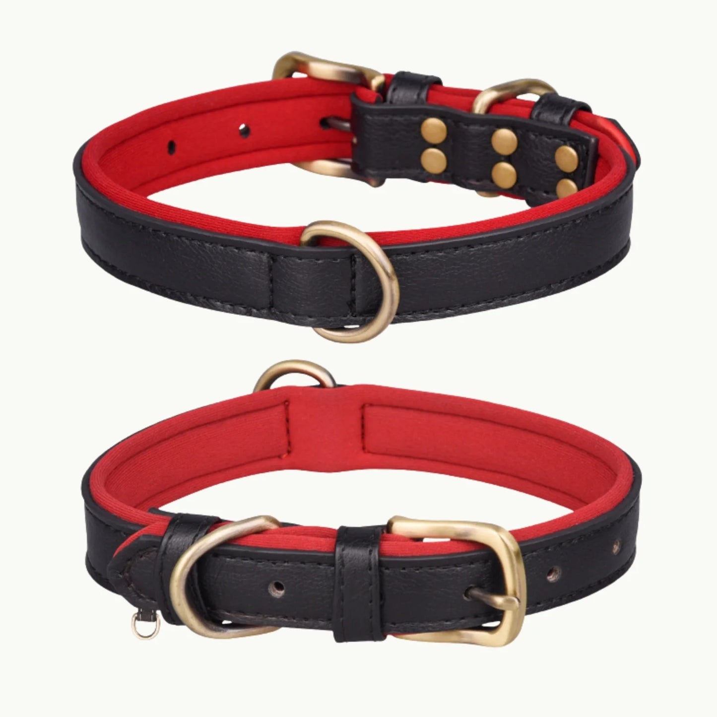 Black faux leather dog collar with red interior lining and bronze hardware, durable and adjustable design