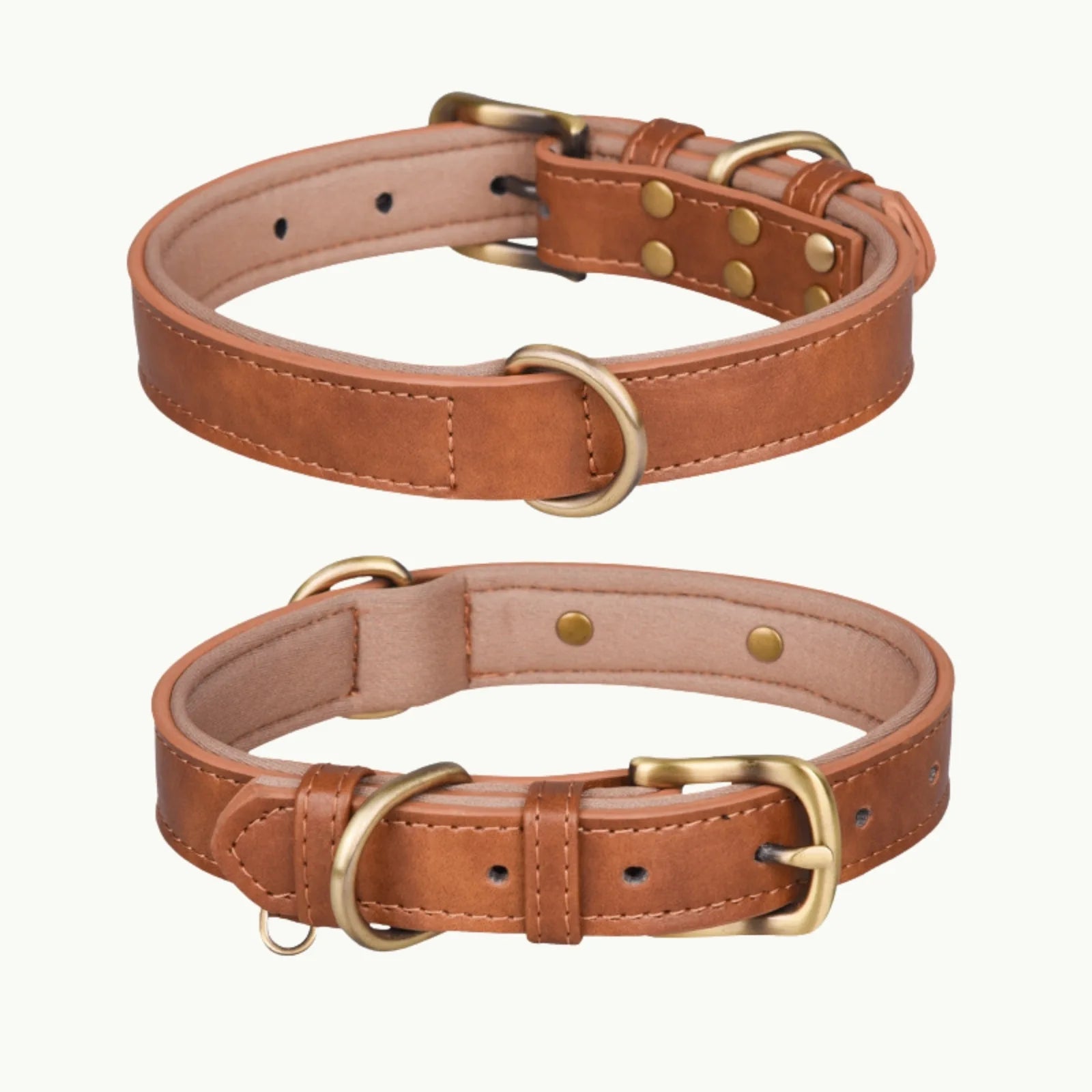 Brown faux leather dog collar with beige interior lining and bronze hardware, durable and adjustable design