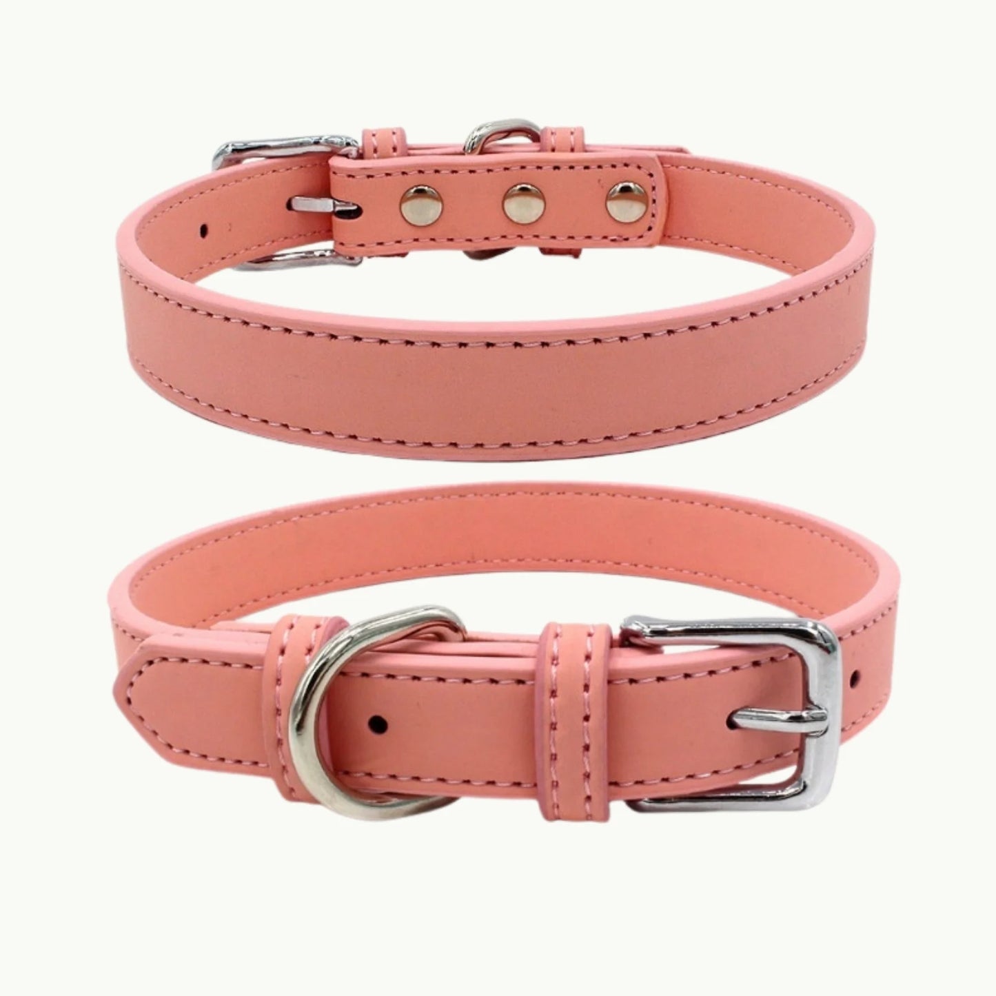 Pink PU leather dog collar with strong stitching and metal clasp