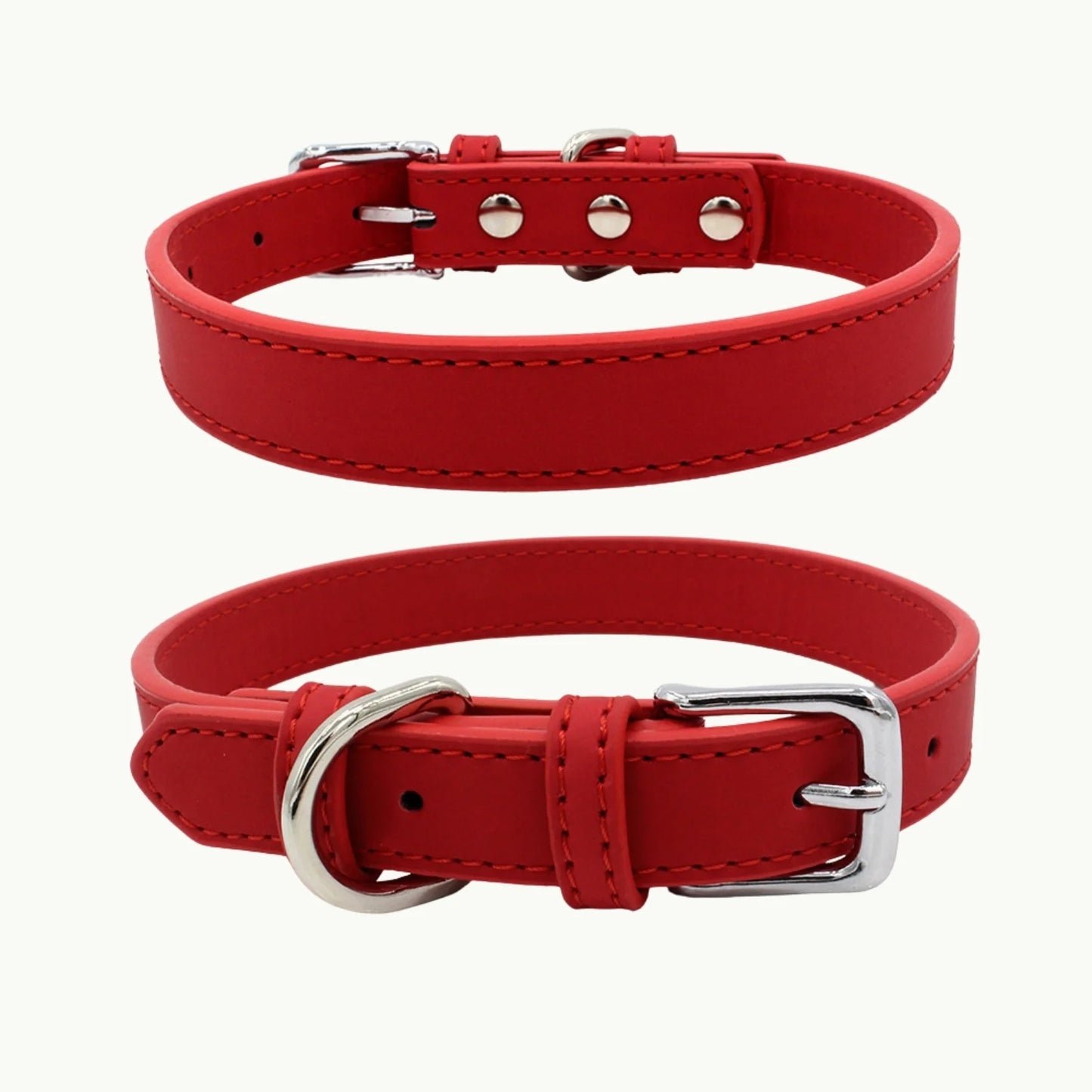 Red PU leather dog collar, adjustable and stylish for daily use
