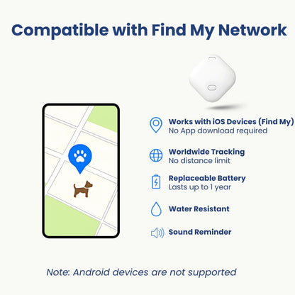 Pet tracker compatible with Find My network for real-time GPS tracking