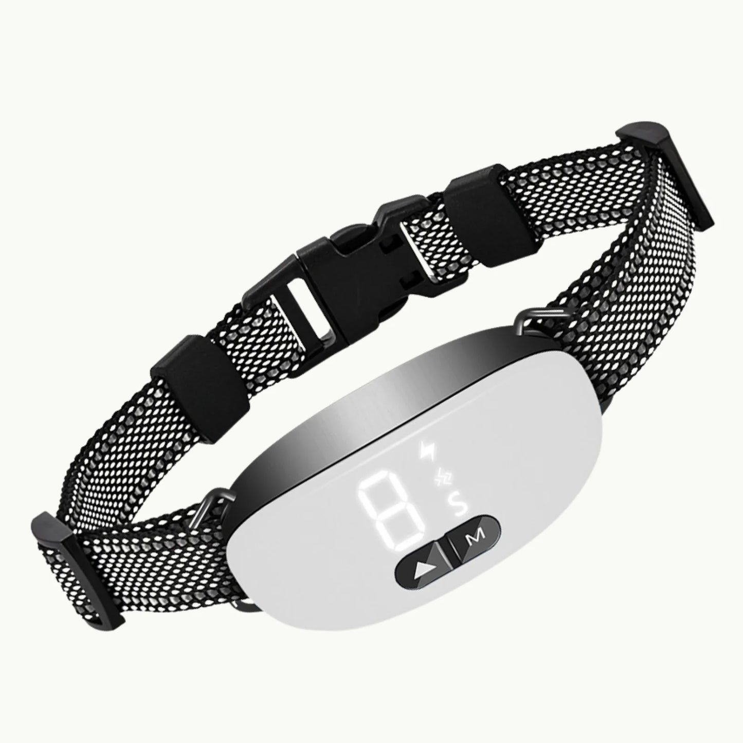 White Anti-bark collar with adjustable nylon strap and LED display
