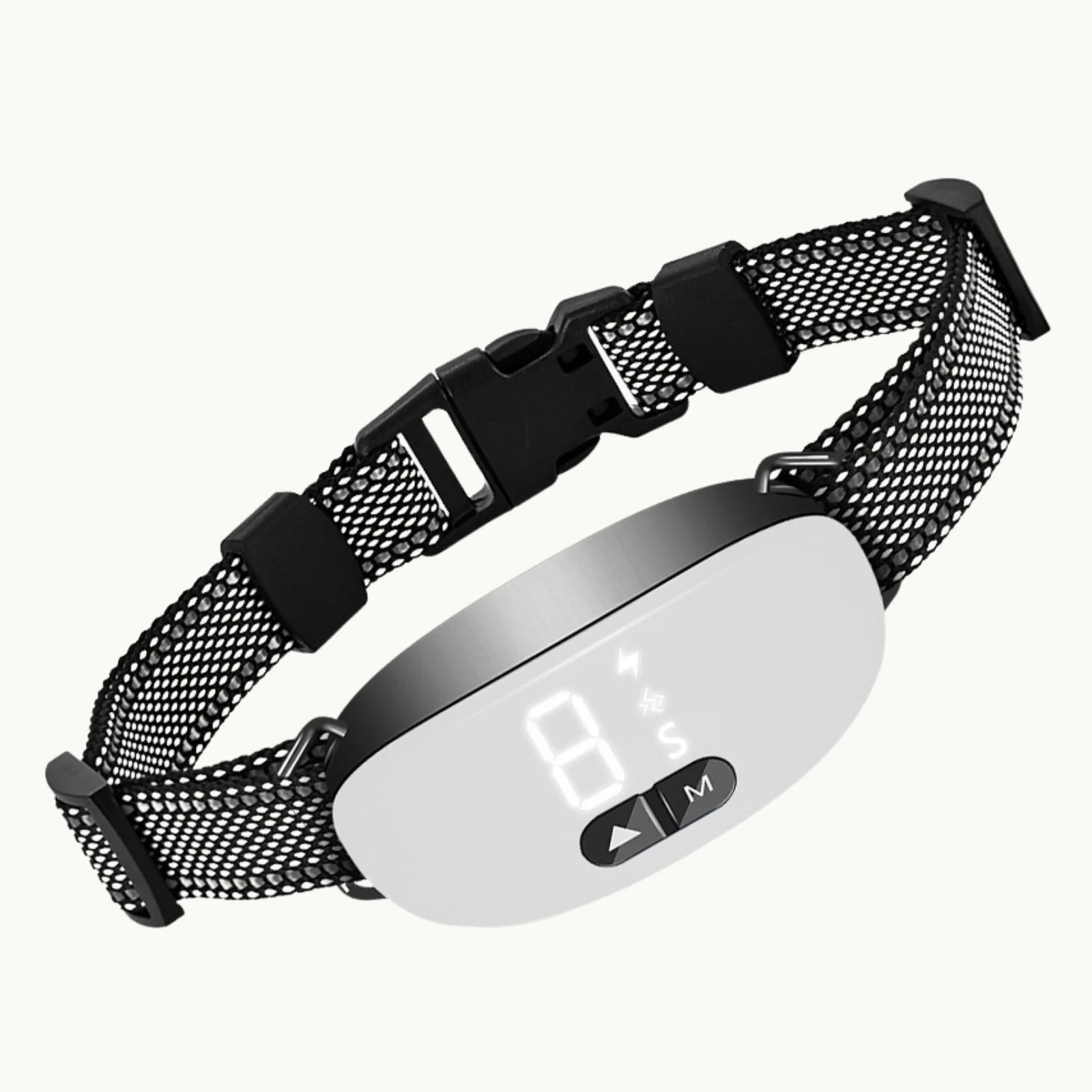 White Anti-bark collar with adjustable nylon strap and LED display