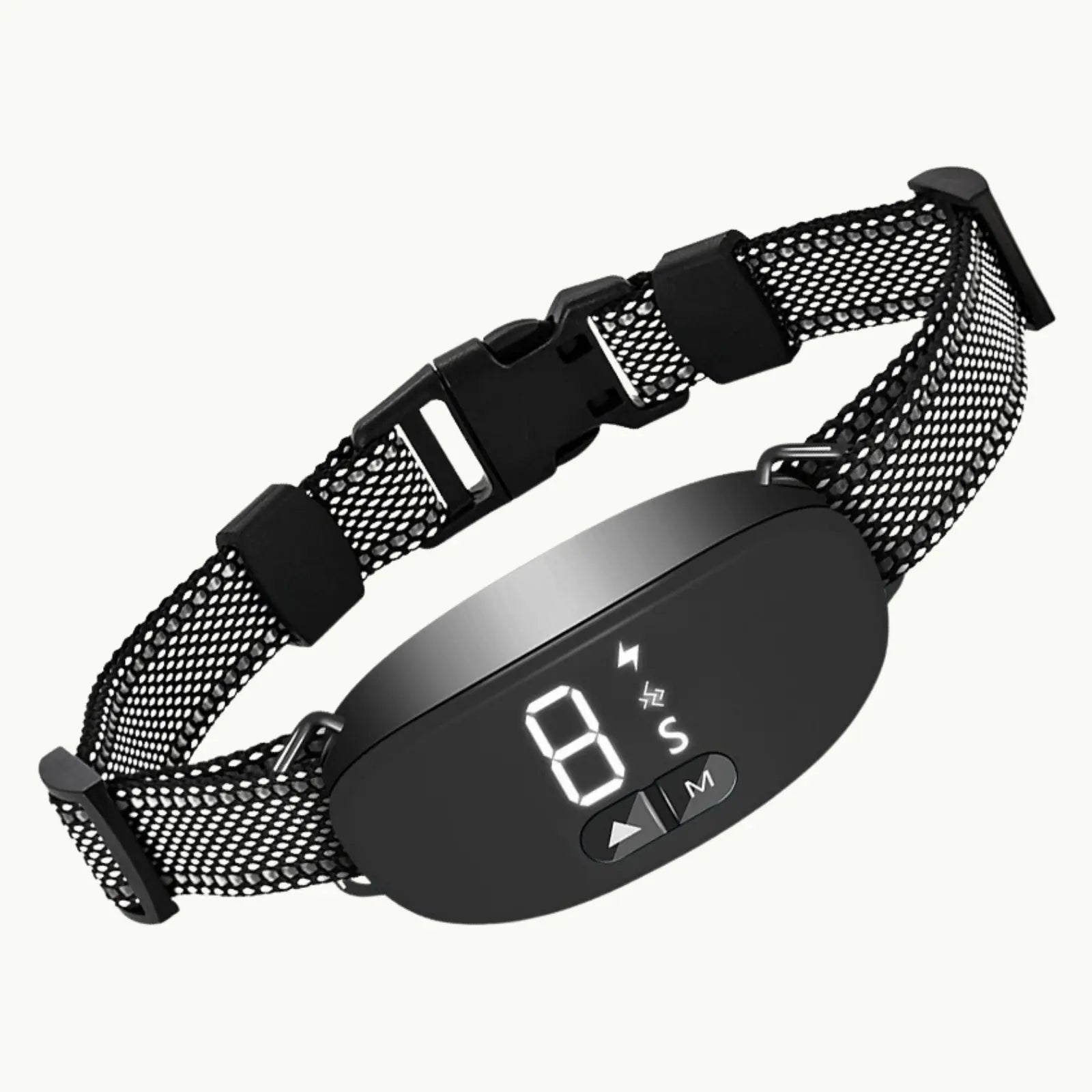 Black Anti-bark collar with adjustable nylon strap and LED display