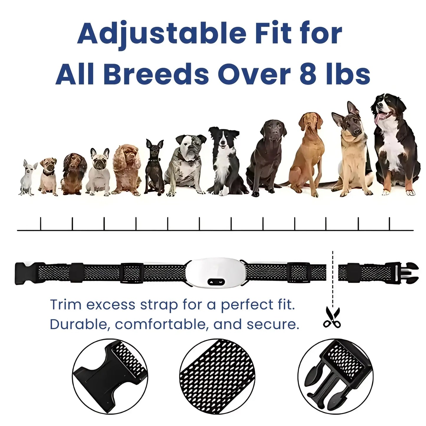 Adjustable anti-bark collar fit guide for dog breeds over 8 lbs