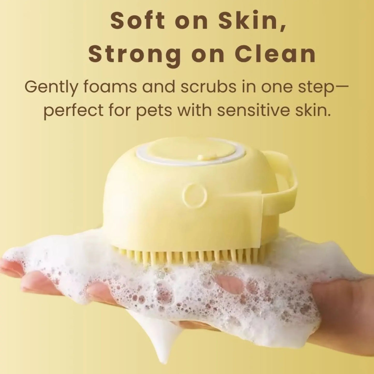 Yellow 2-in-1 pet grooming brush with shampoo foam for bathing pets