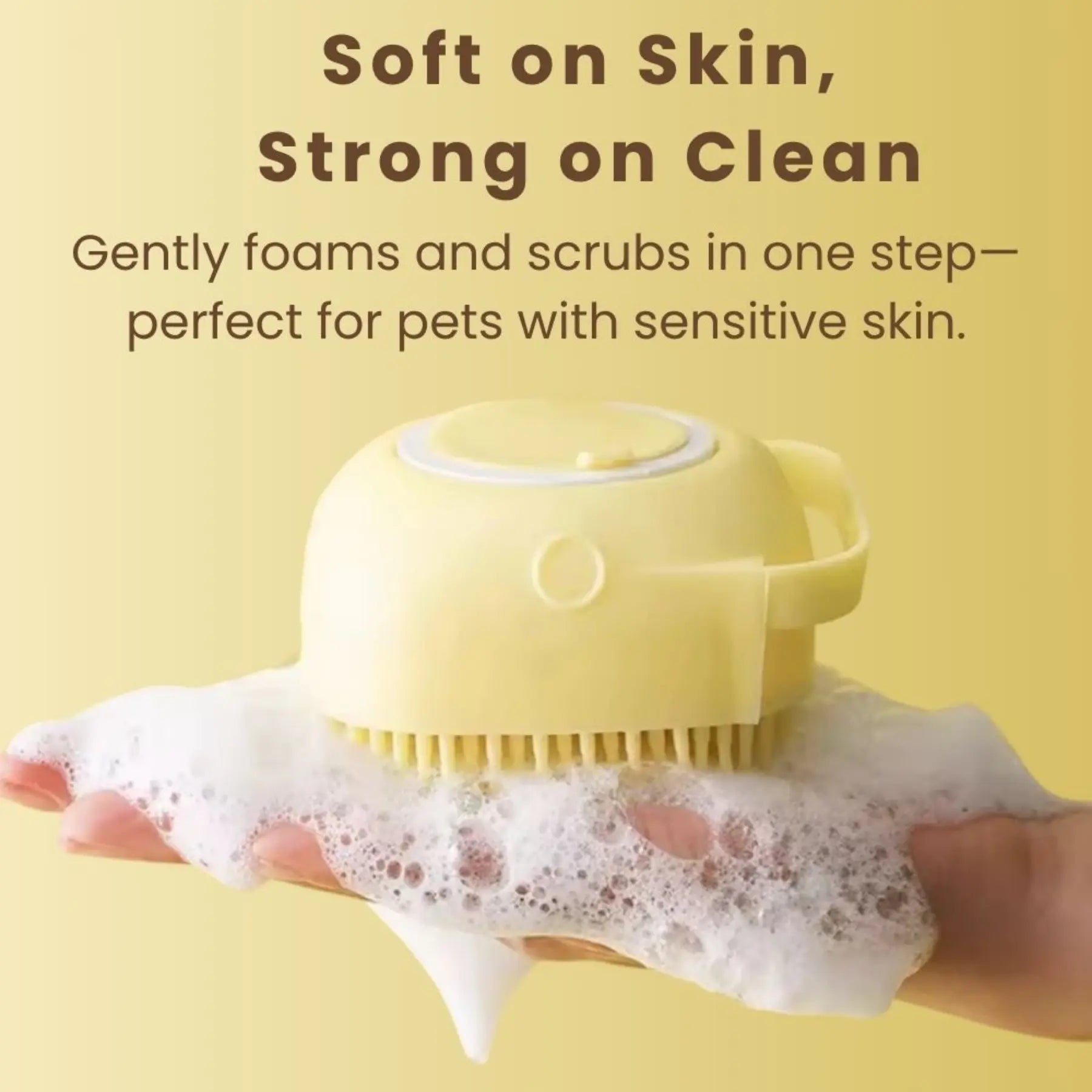 Yellow 2-in-1 pet grooming brush with shampoo foam for bathing pets