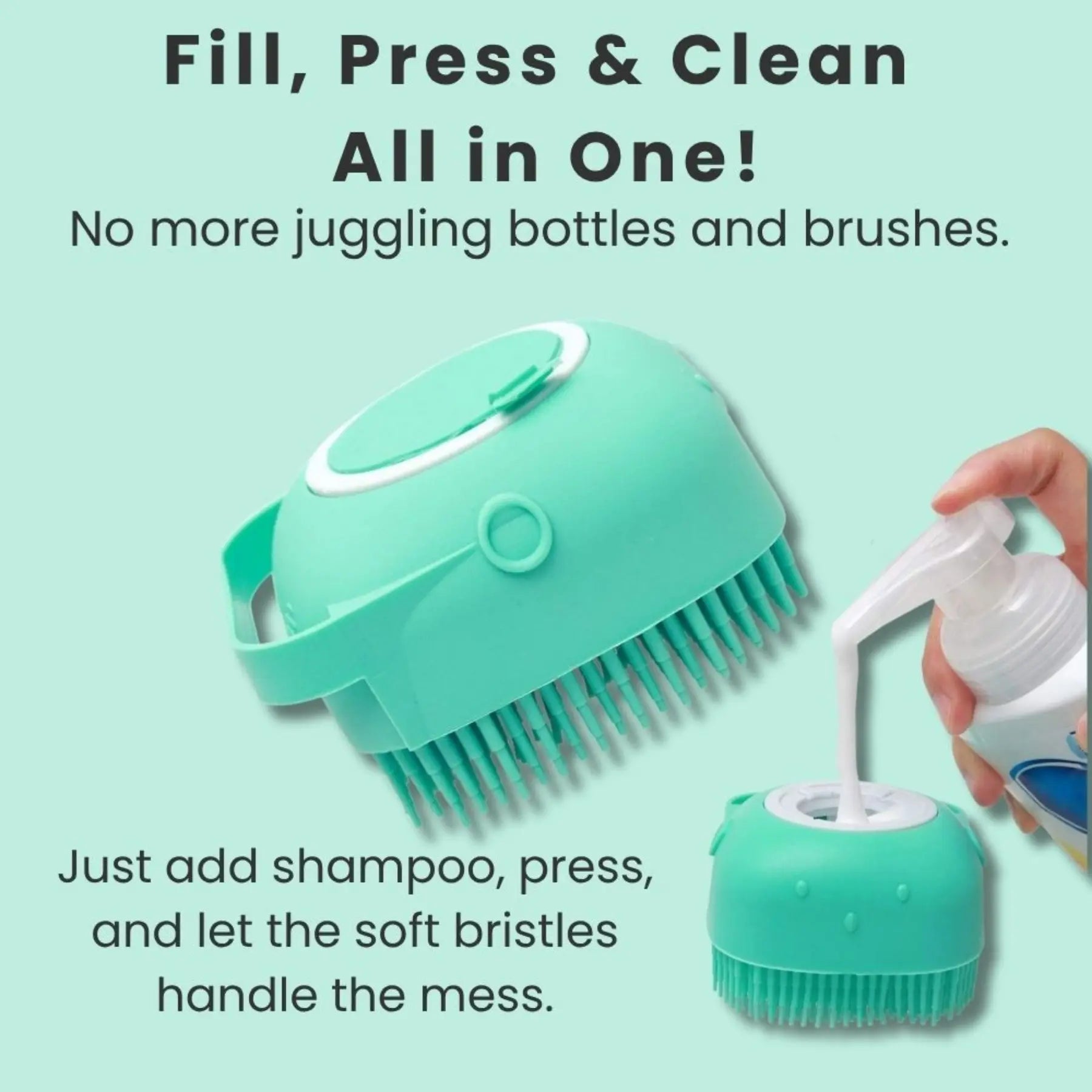 Easy fill and press shampoo dispenser pet grooming brush