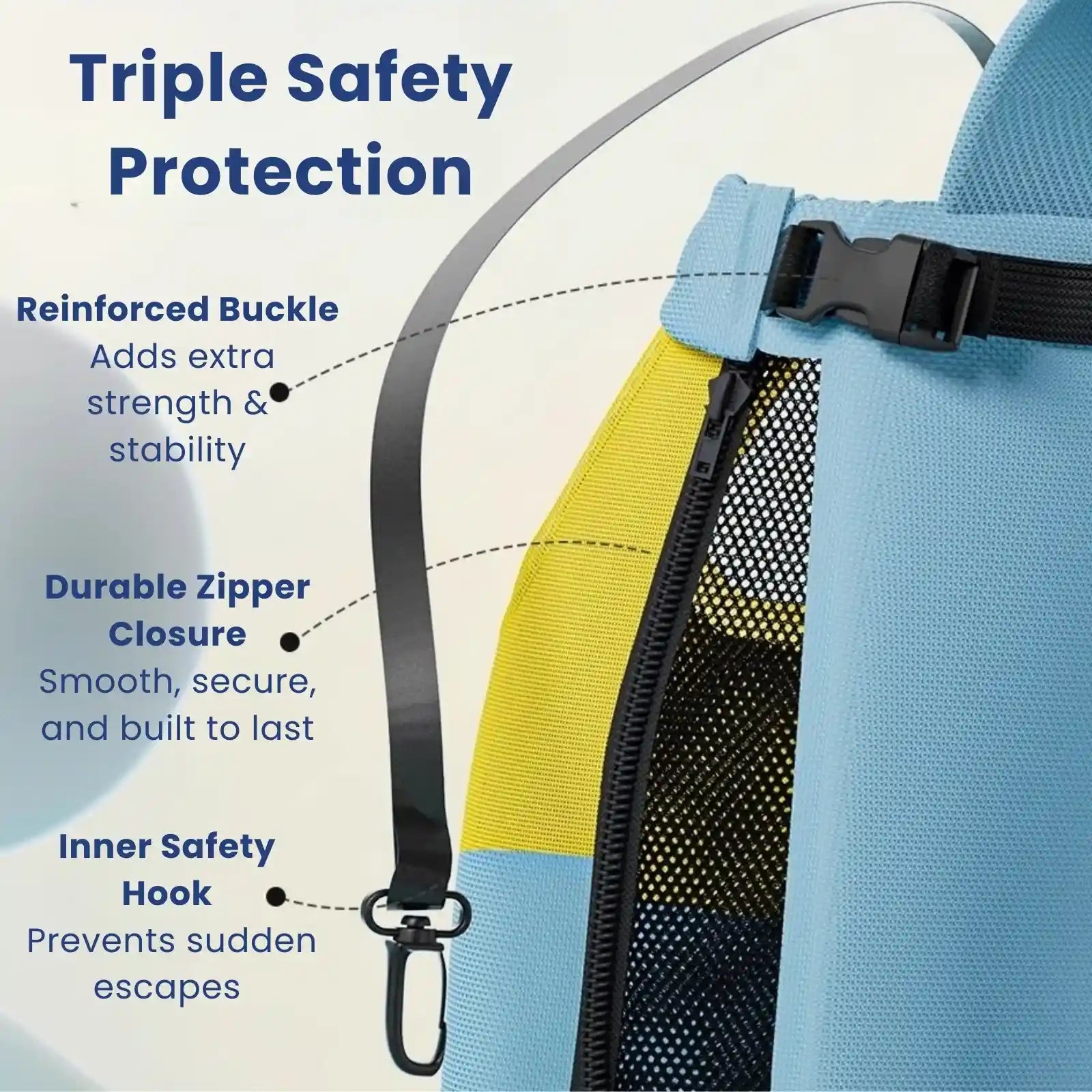 Pet carrier backpack with reinforced zippers and safety hooks