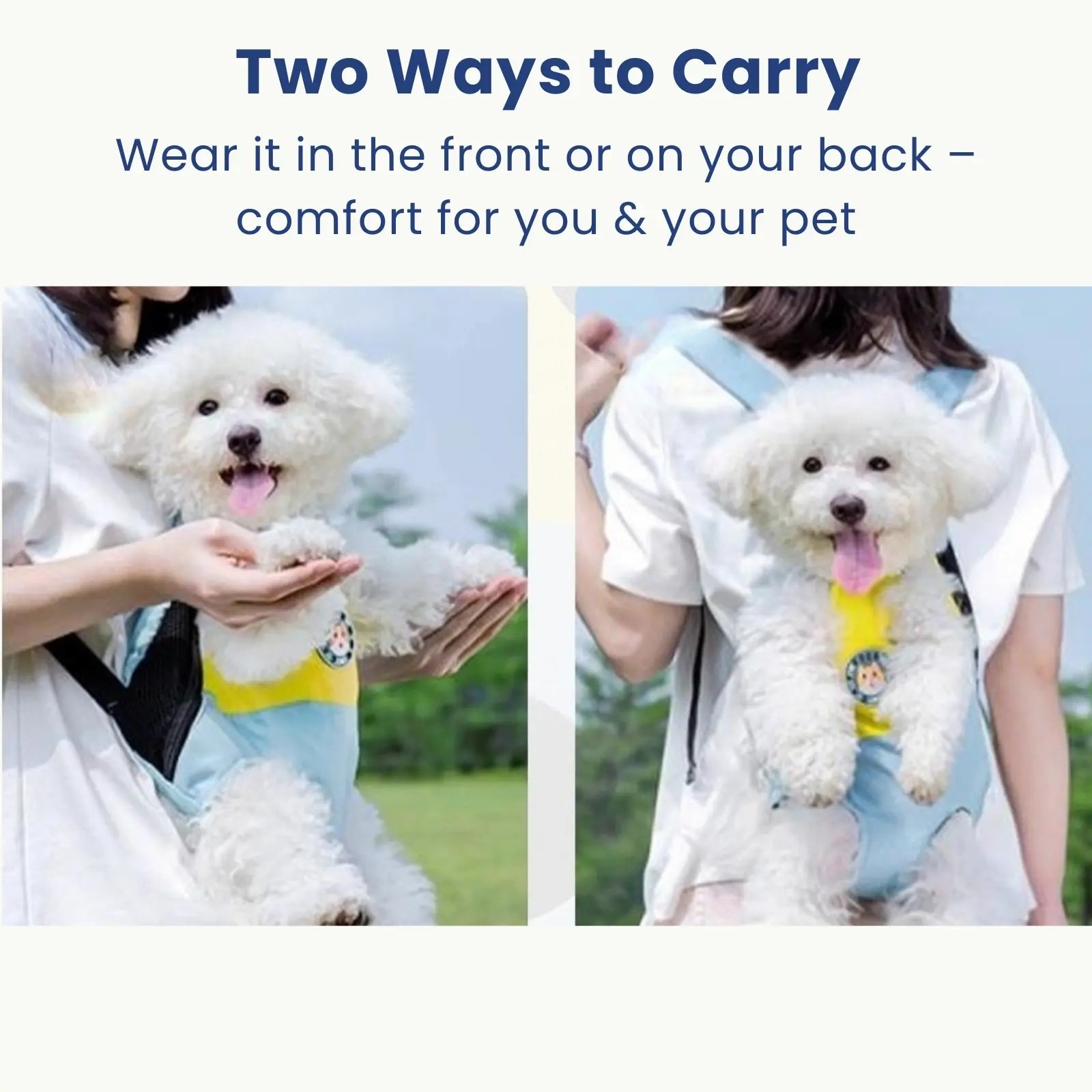 Dog carried in PawPorter pet backpack worn on front and back