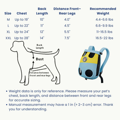 Pet backpack size guide for dogs with back length measurements