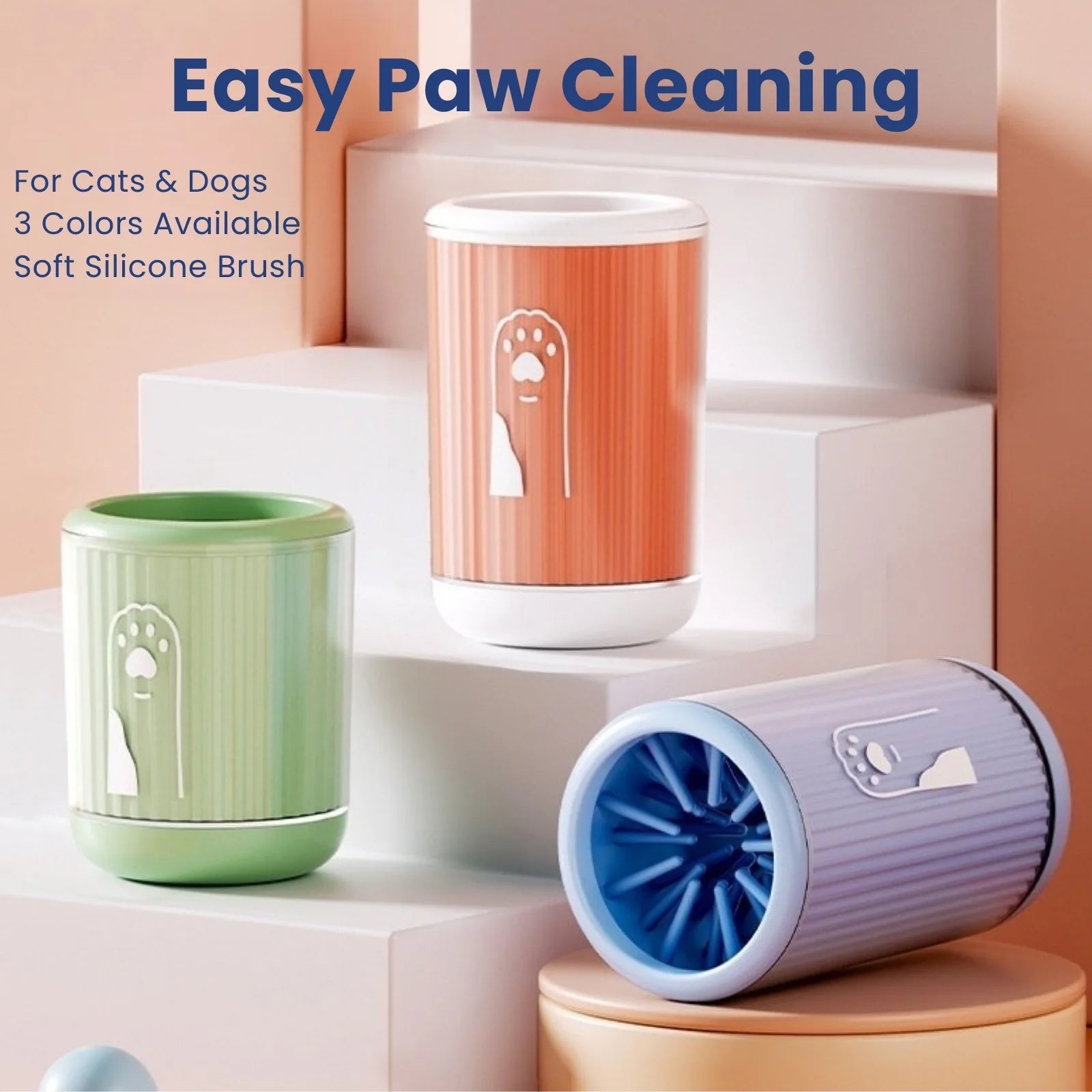 PawClean™ paw washer cups in orange, green, and blue with text overlay "Easy Paw Cleaning for Cats & Dogs"