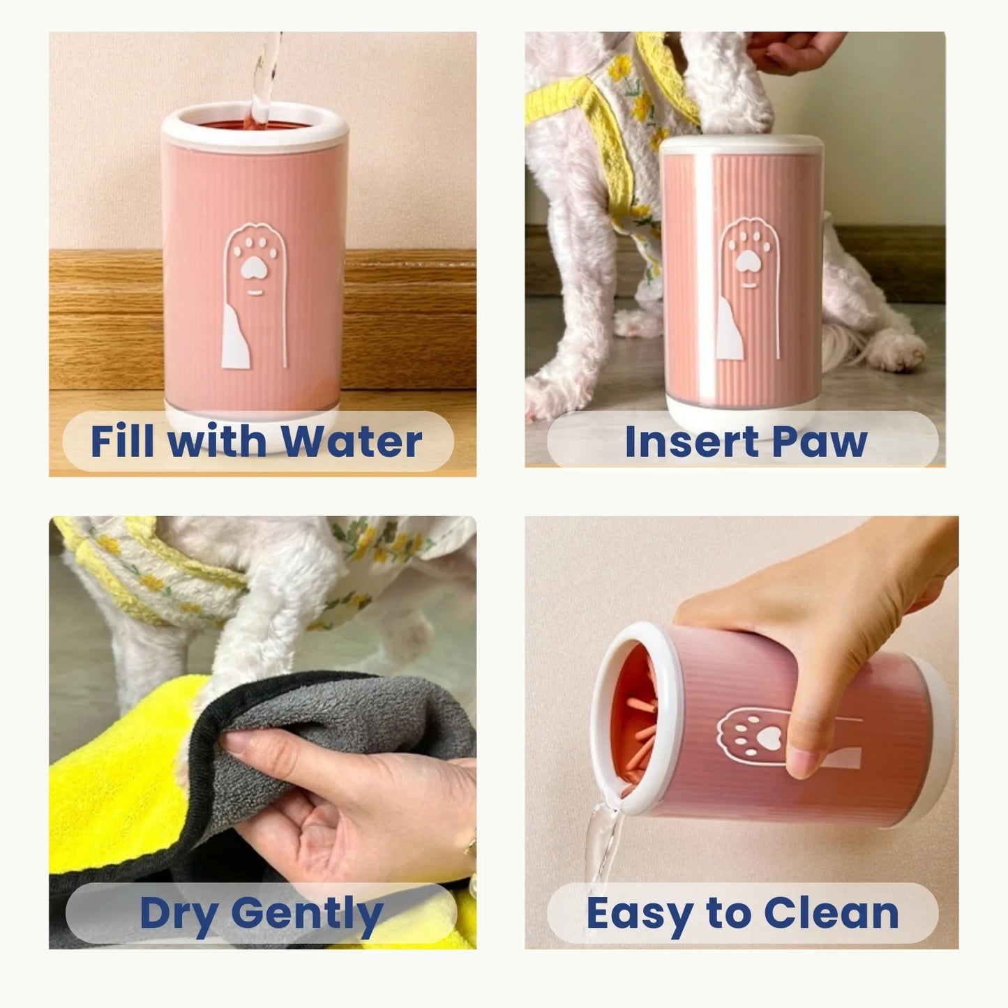Dog paw being cleaned with PawClean washer cup filled with water